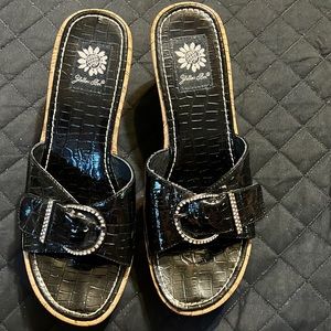 Yellow box wedge sandals